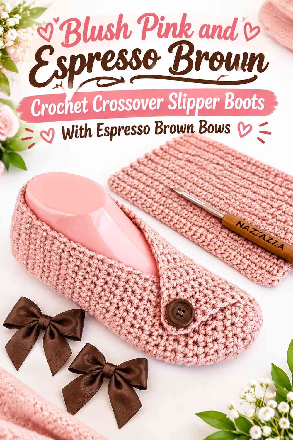 Blush Pink and Espresso Brown Crochet Crossover Slipper Boots With Espresso Brown Bows