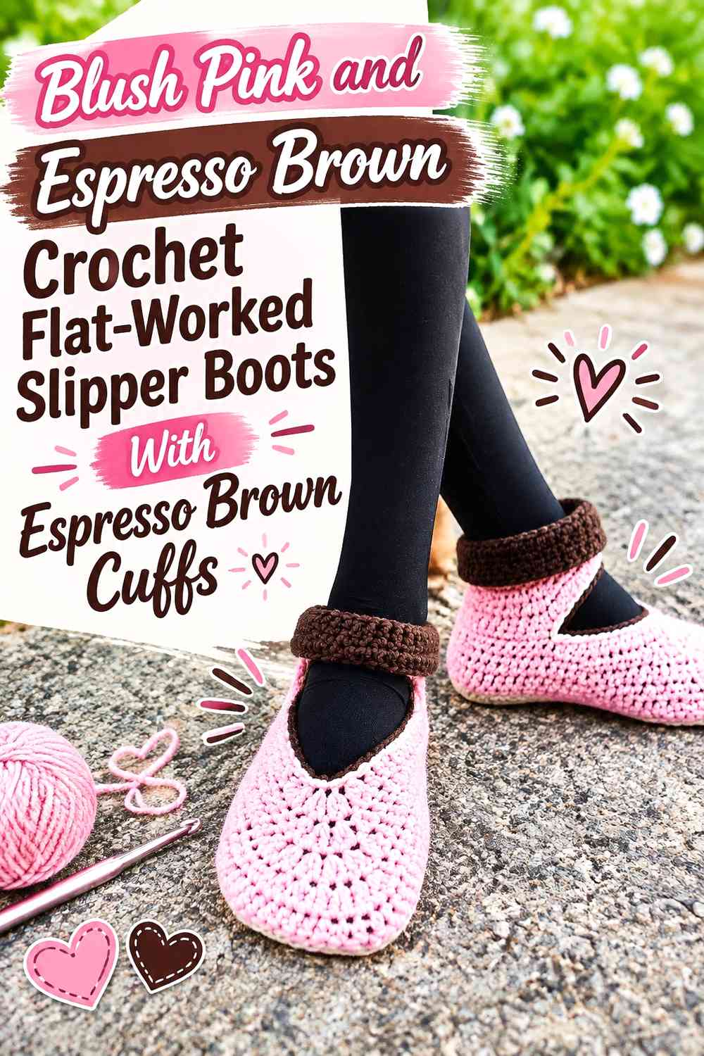 Blush Pink and Espresso Brown Crochet Flat-Worked Slipper Boots With Espresso Brown Cuffs