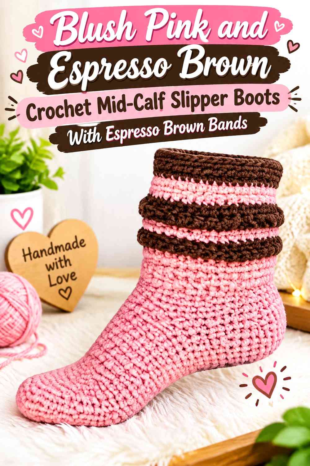 Blush Pink and Espresso Brown Crochet Mid-Calf Slipper Boots With Espresso Brown Bands