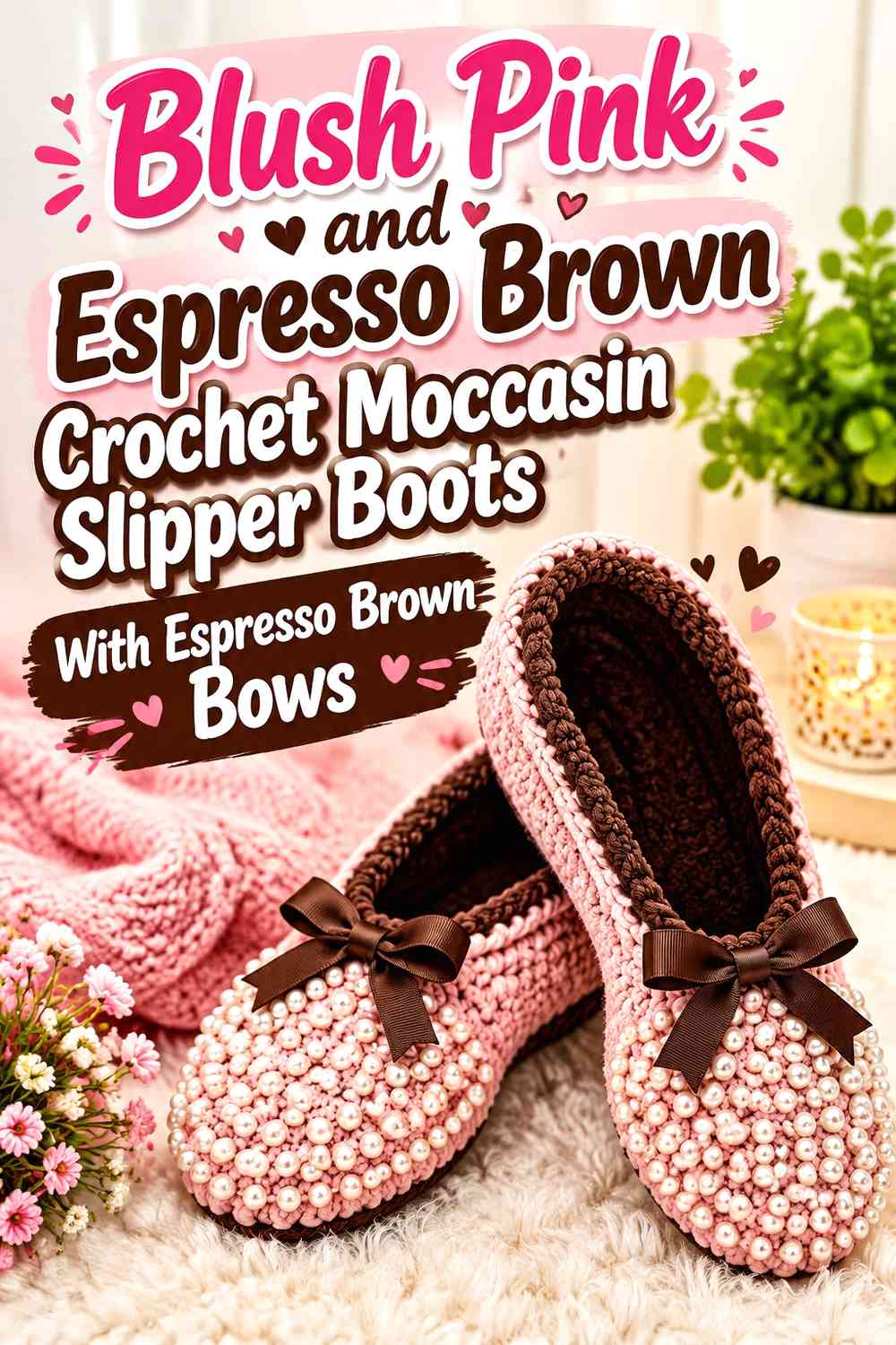 Blush Pink and Espresso Brown Crochet Moccasin Slipper Boots With Espresso Brown Bows