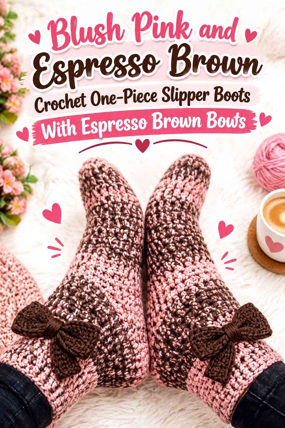 Blush Pink and Espresso Brown Crochet One-Piece Slipper Boots With Espresso Brown Bows