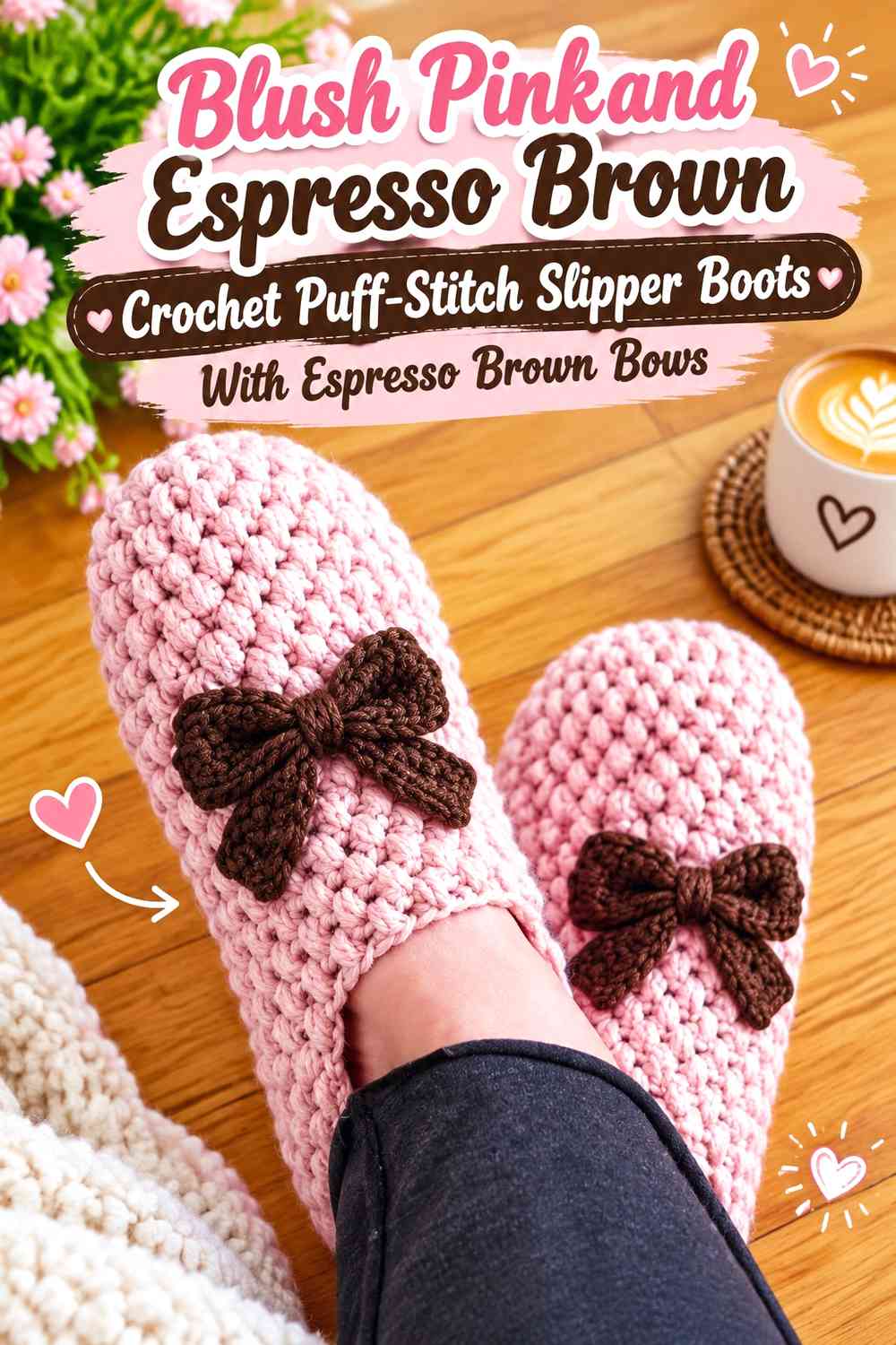 Blush Pink and Espresso Brown Crochet Puff-Stitch Slipper Boots With Espresso Brown Bows