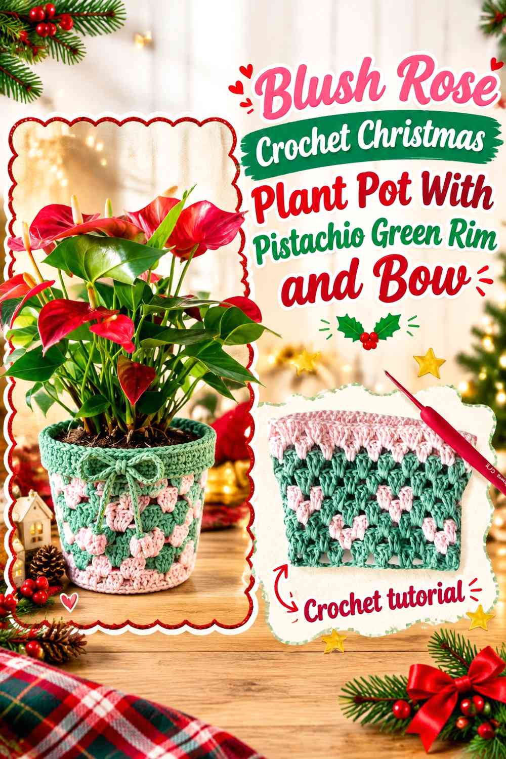 Blush Rose Crochet Christmas Plant Pot With Pistachio Green Rim and Bow