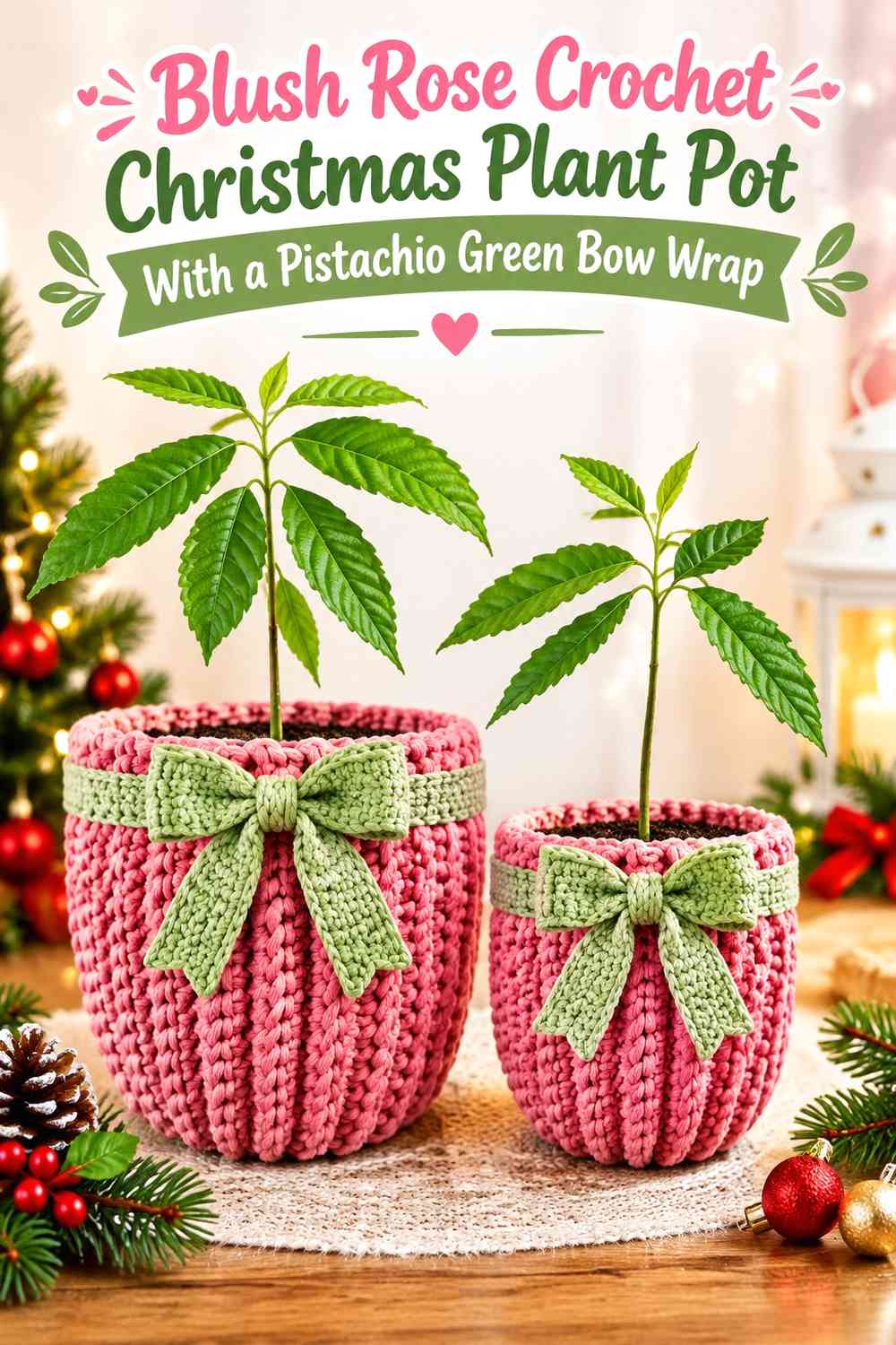 Blush Rose Crochet Christmas Plant Pot With a Pistachio Green Bow Wrap