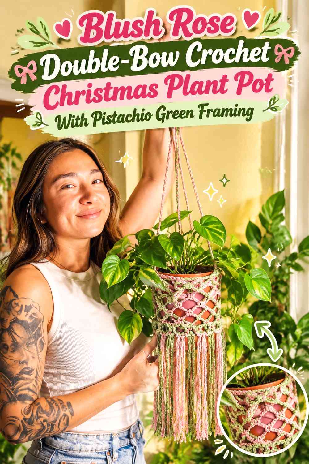 Blush Rose Double-Bow Crochet Christmas Plant Pot With Pistachio Green Framing