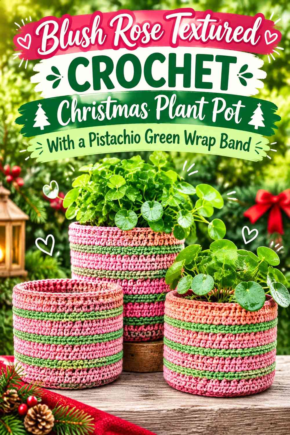Blush Rose Textured Crochet Christmas Plant Pot With a Pistachio Green Wrap Band