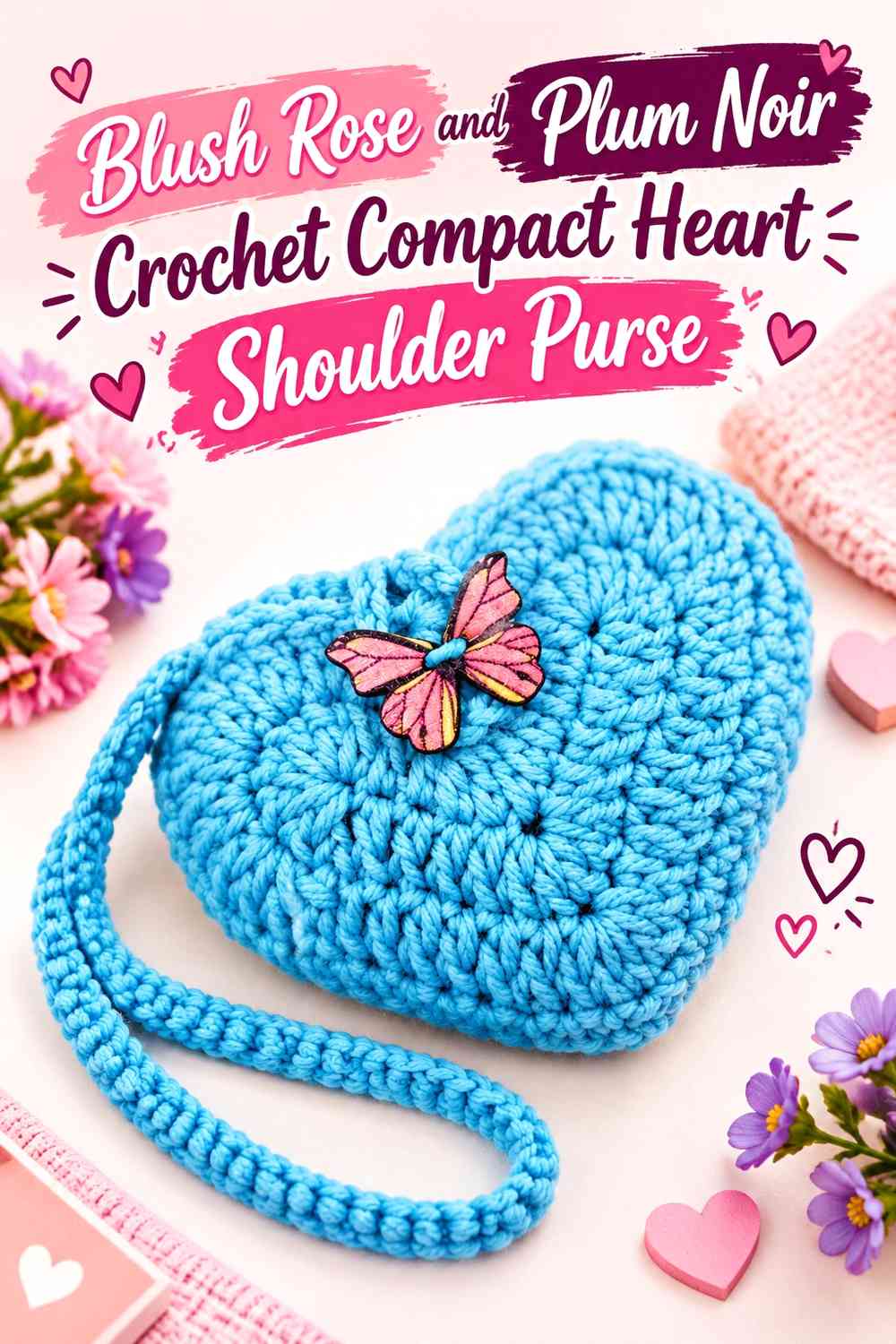 Blush Rose and Plum Noir Crochet Compact Heart Shoulder Purse