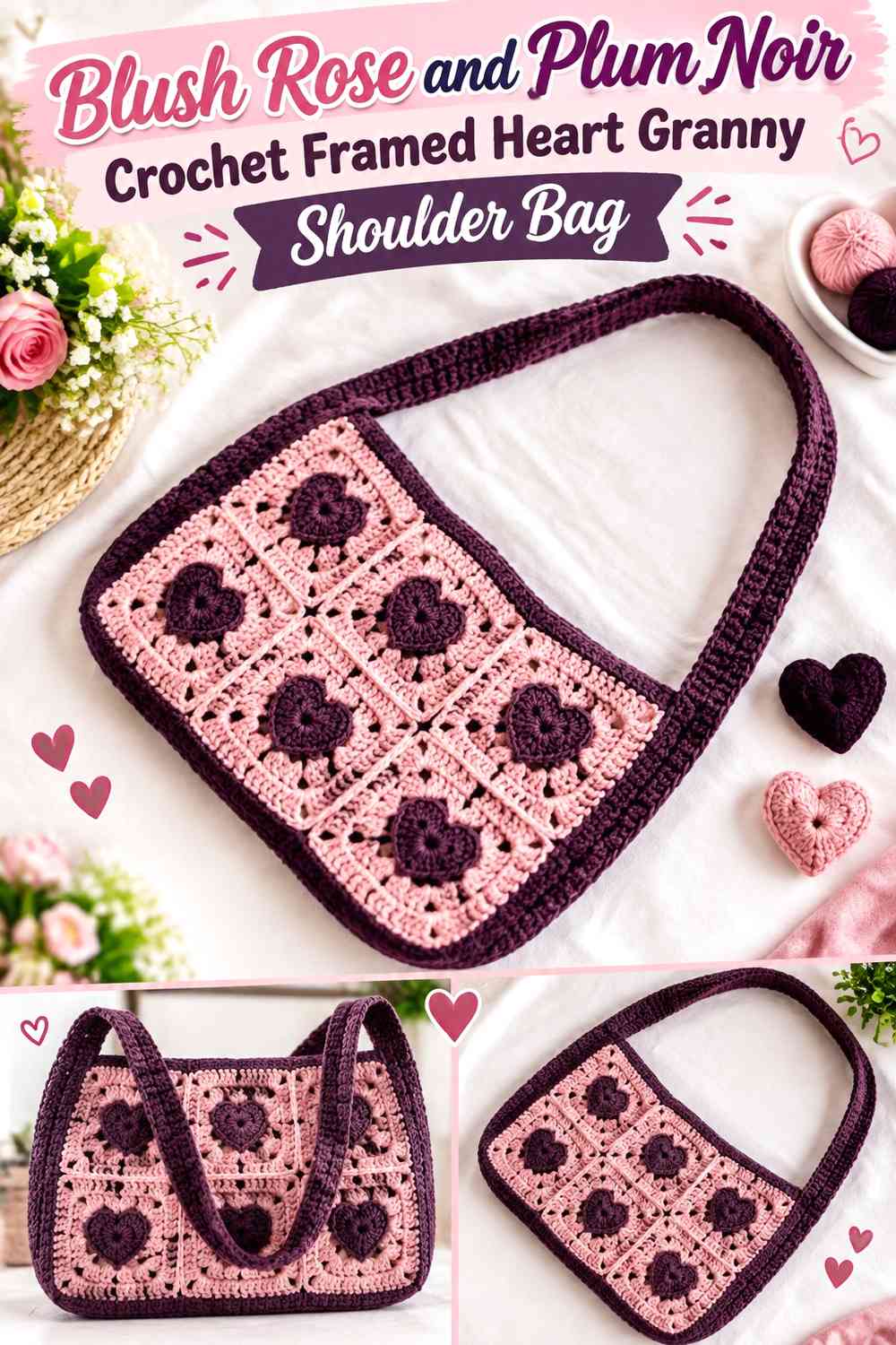 Blush Rose and Plum Noir Crochet Framed Heart Granny Shoulder Bag