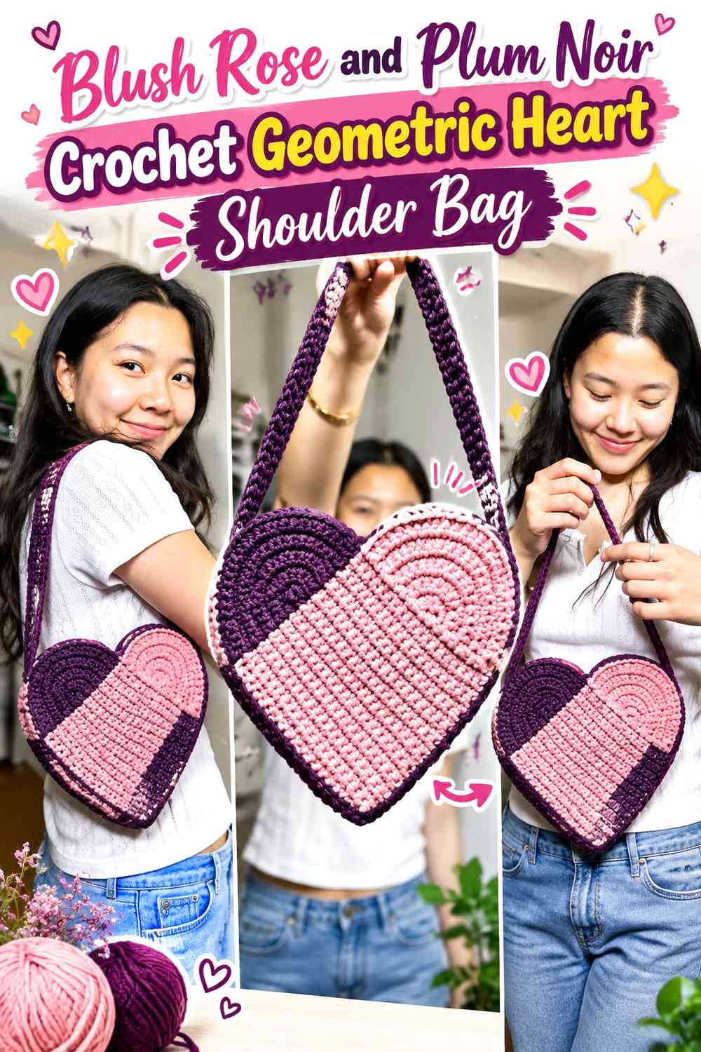 Blush Rose and Plum Noir Crochet Geometric Heart Shoulder Bag
