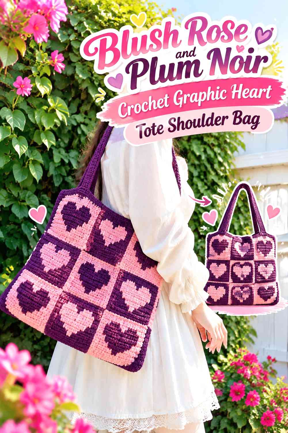 Blush Rose and Plum Noir Crochet Graphic Heart Tote Shoulder Bag