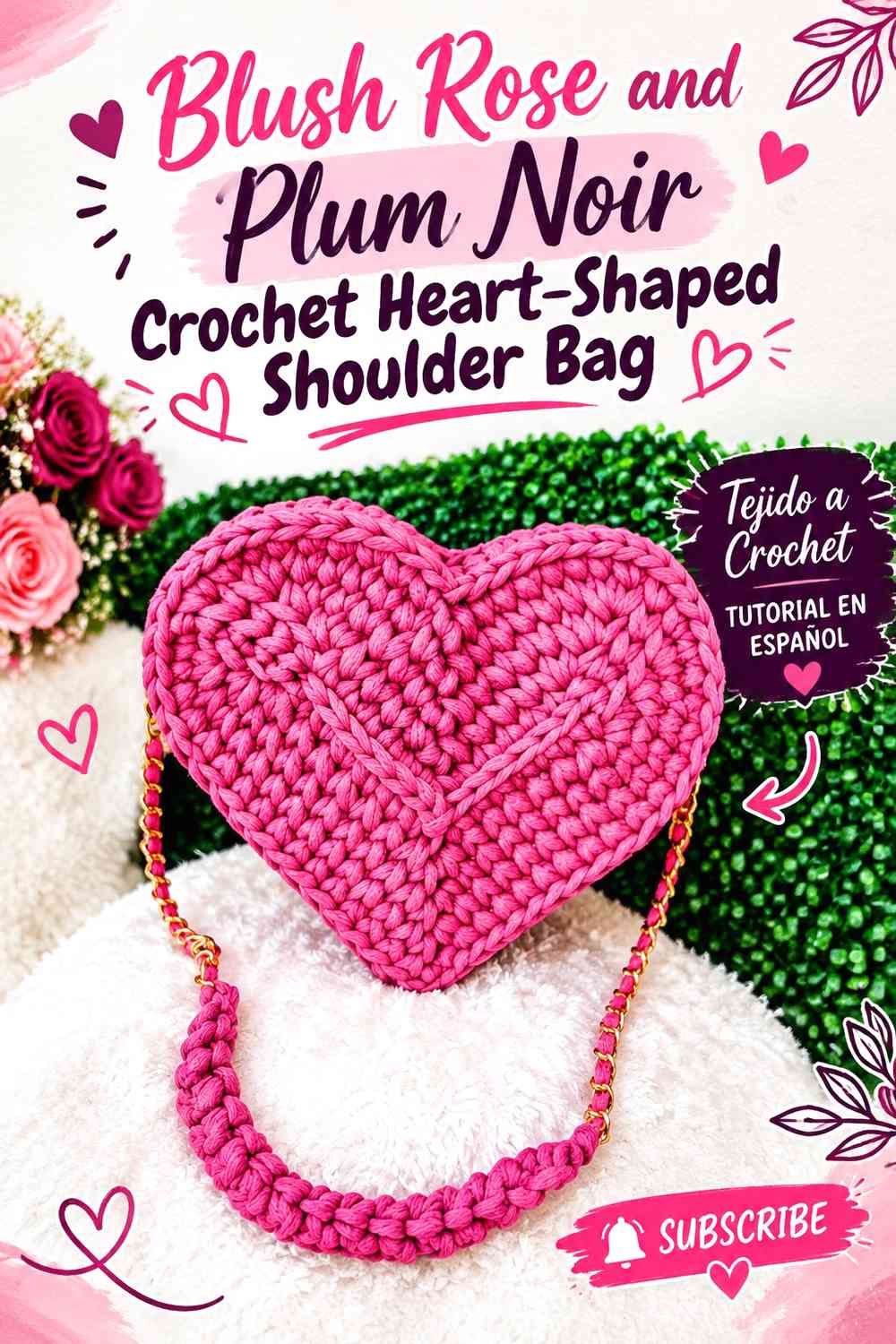 Blush Rose and Plum Noir Crochet Heart-Shaped Shoulder Bag