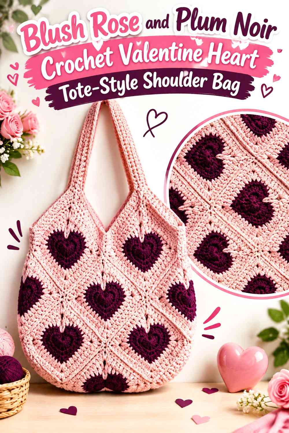 Blush Rose and Plum Noir Crochet Valentine Heart Tote-Style Shoulder Bag