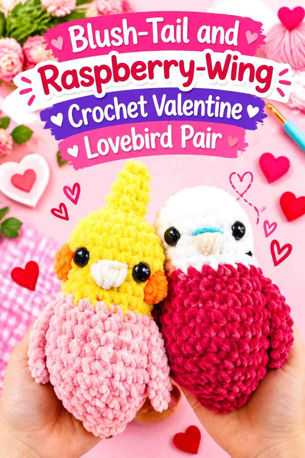 Blush-Tail and Raspberry-Wing Crochet Valentine Lovebird Pair