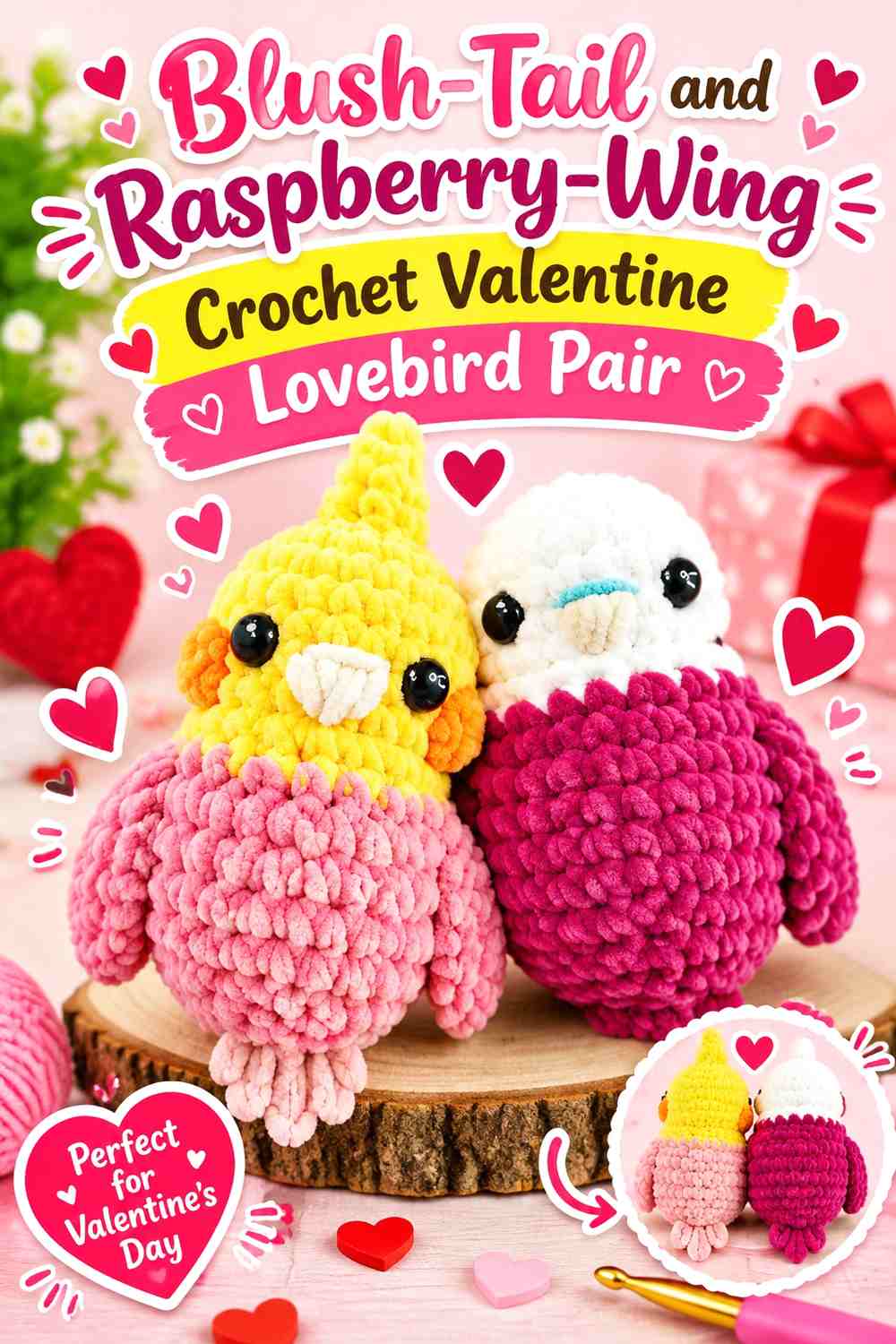 Blush-Tail and Raspberry-Wing Crochet Valentine Lovebird Pair