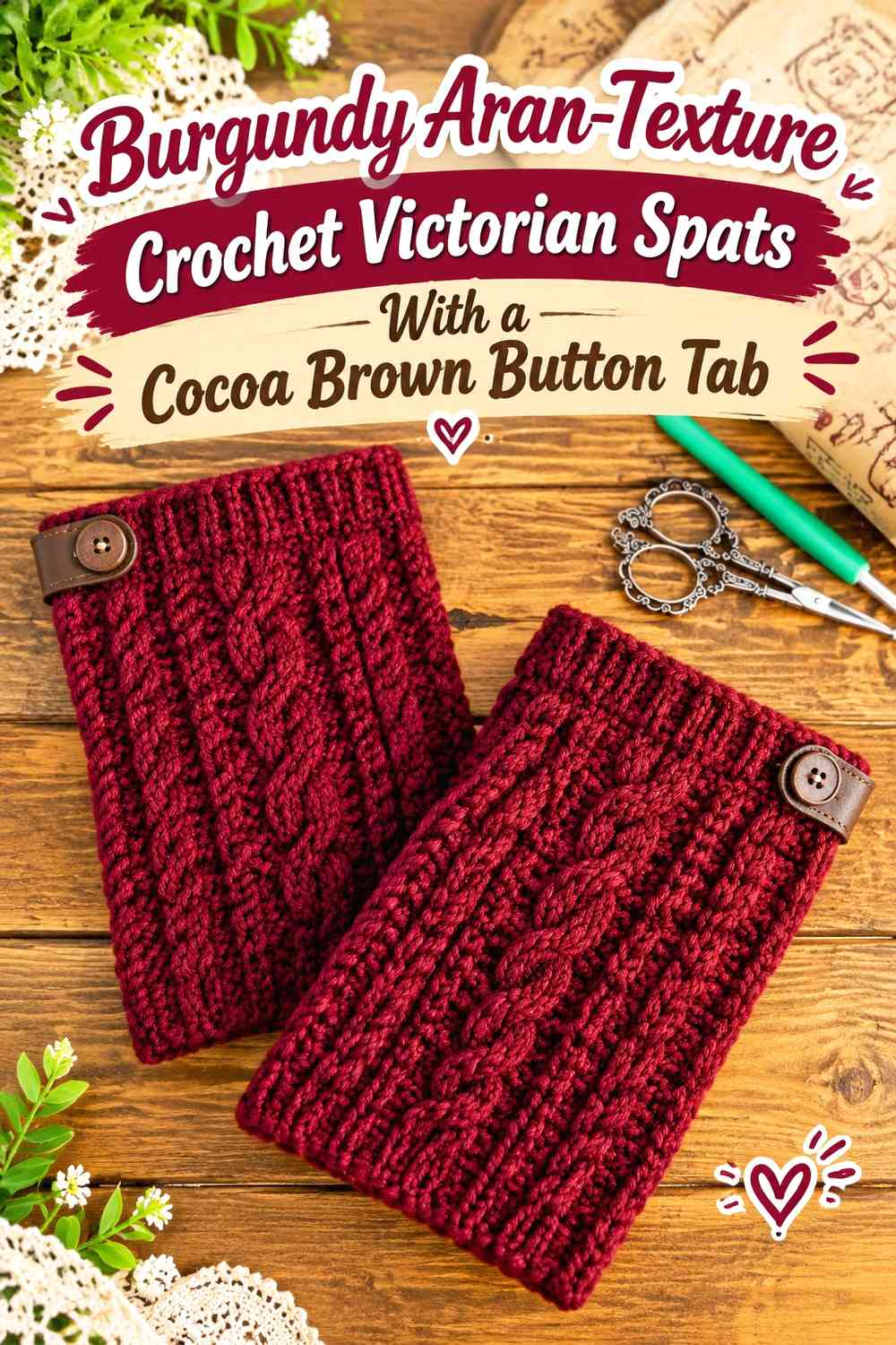 Burgundy Aran-Texture Crochet Victorian Spats With a Cocoa Brown Button Tab