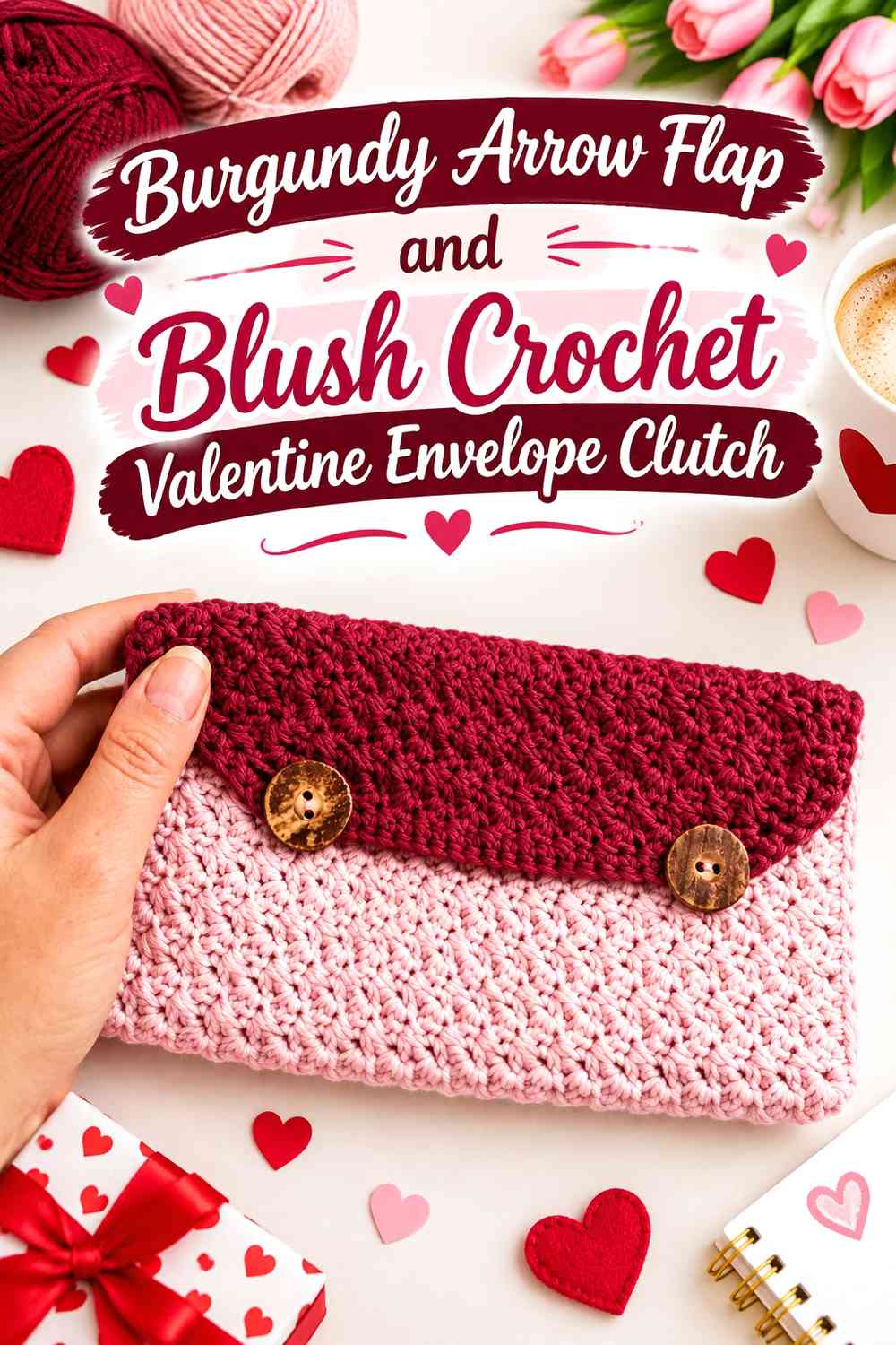 Burgundy Arrow Flap and Blush Crochet Valentine Envelope Clutch