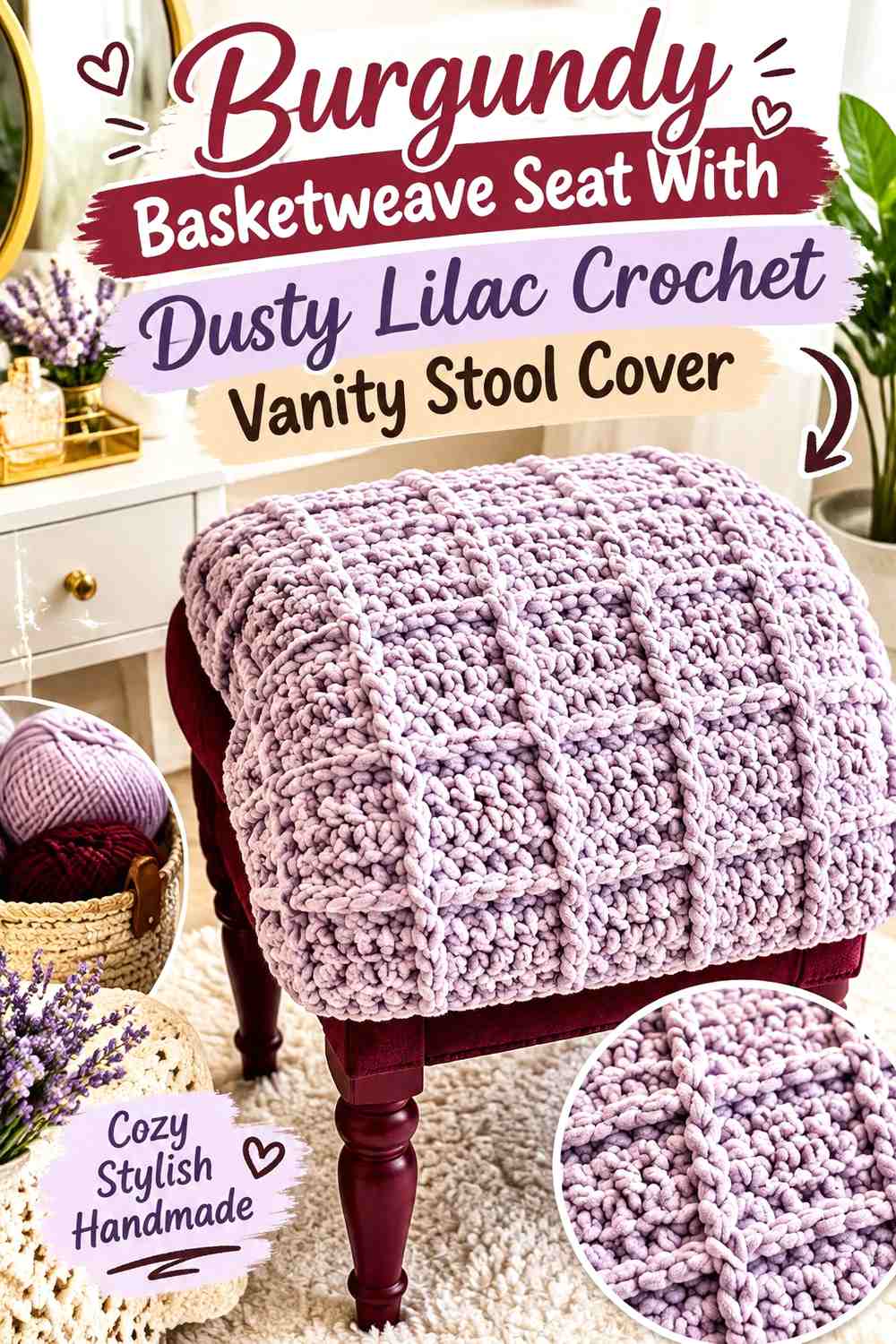 Burgundy Basketweave Seat With Dusty Lilac Crochet Vanity Stool Cover