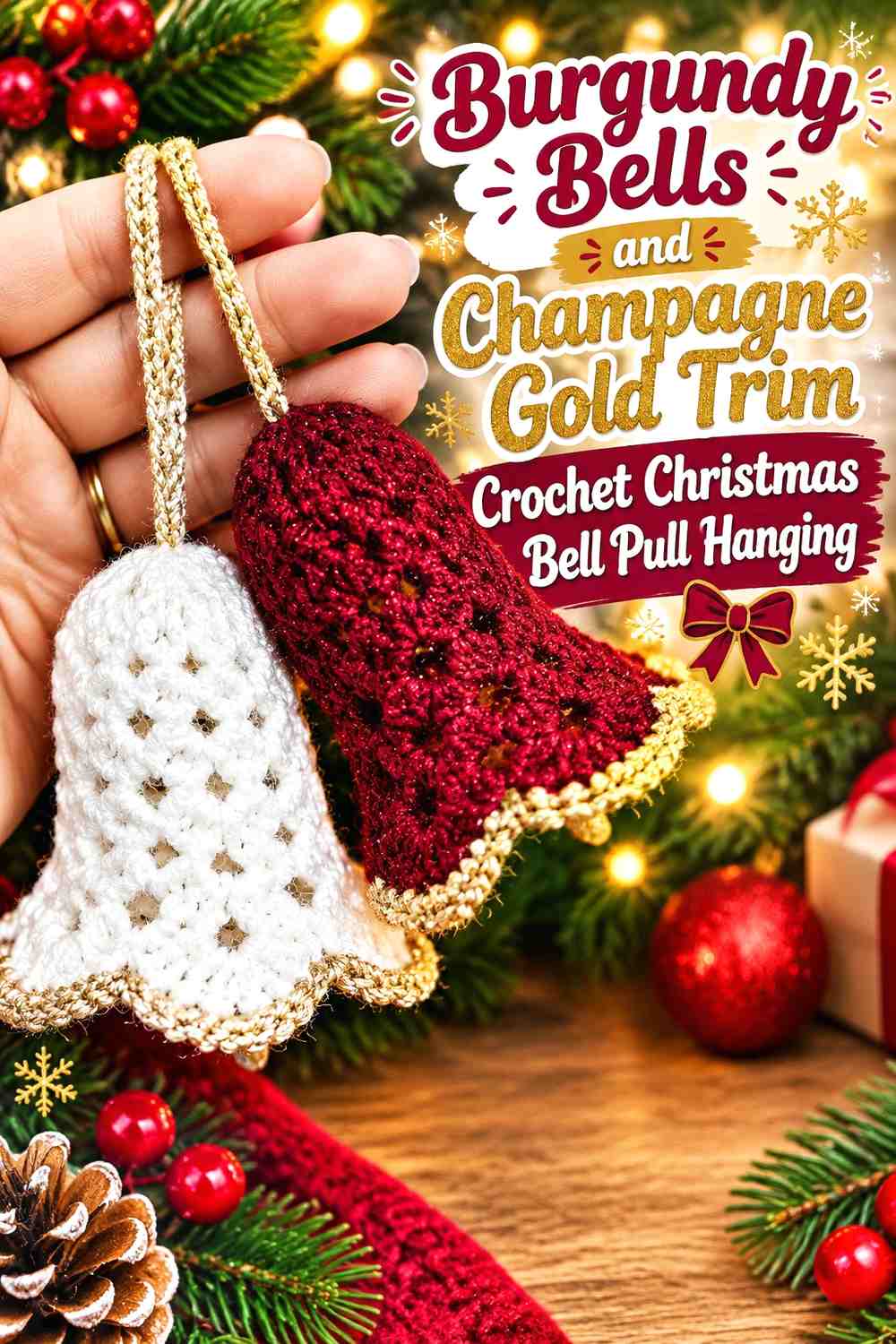 Burgundy Bells and Champagne Gold Trim Crochet Christmas Bell Pull Hanging