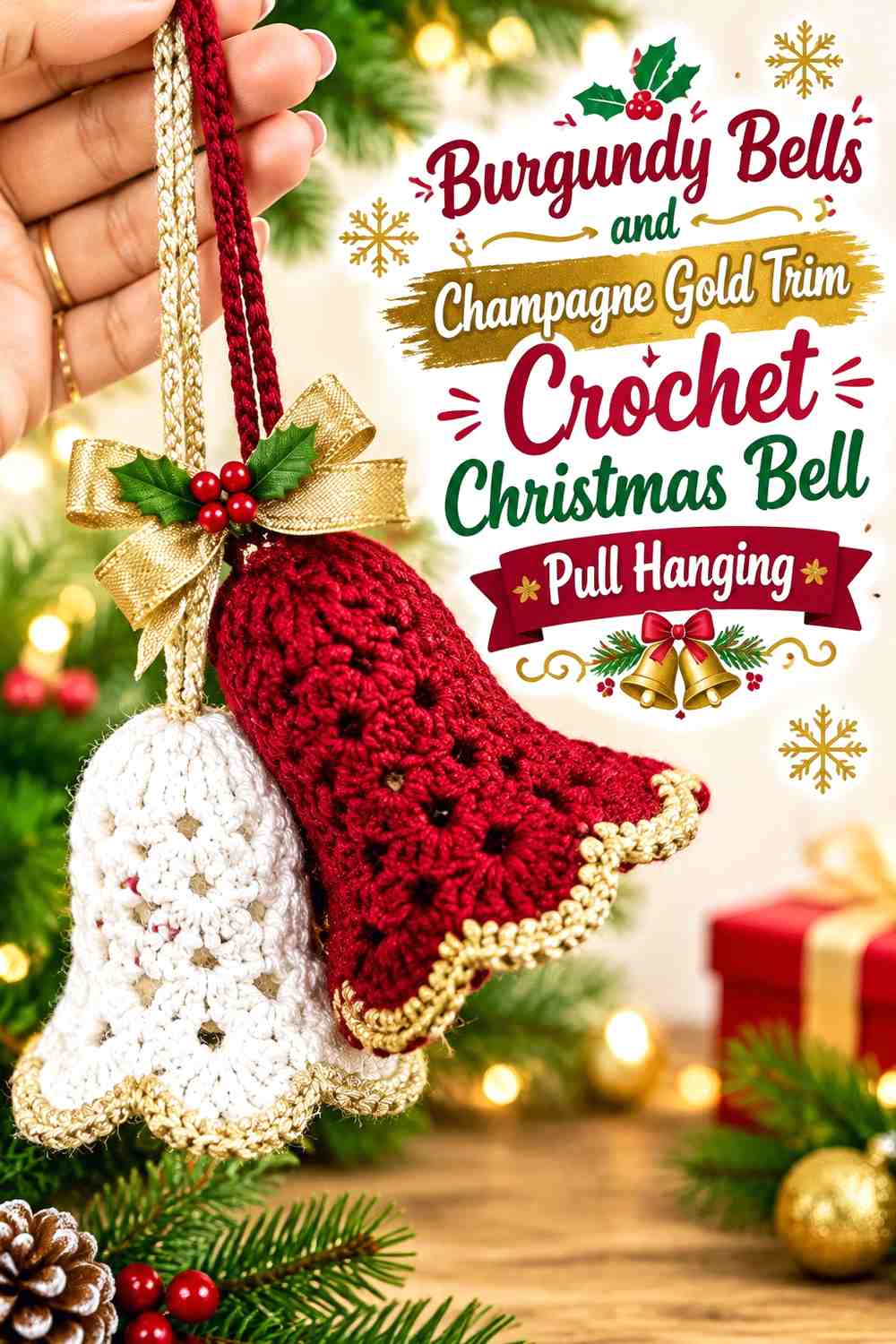 Burgundy Bells and Champagne Gold Trim Crochet Christmas Bell Pull Hanging