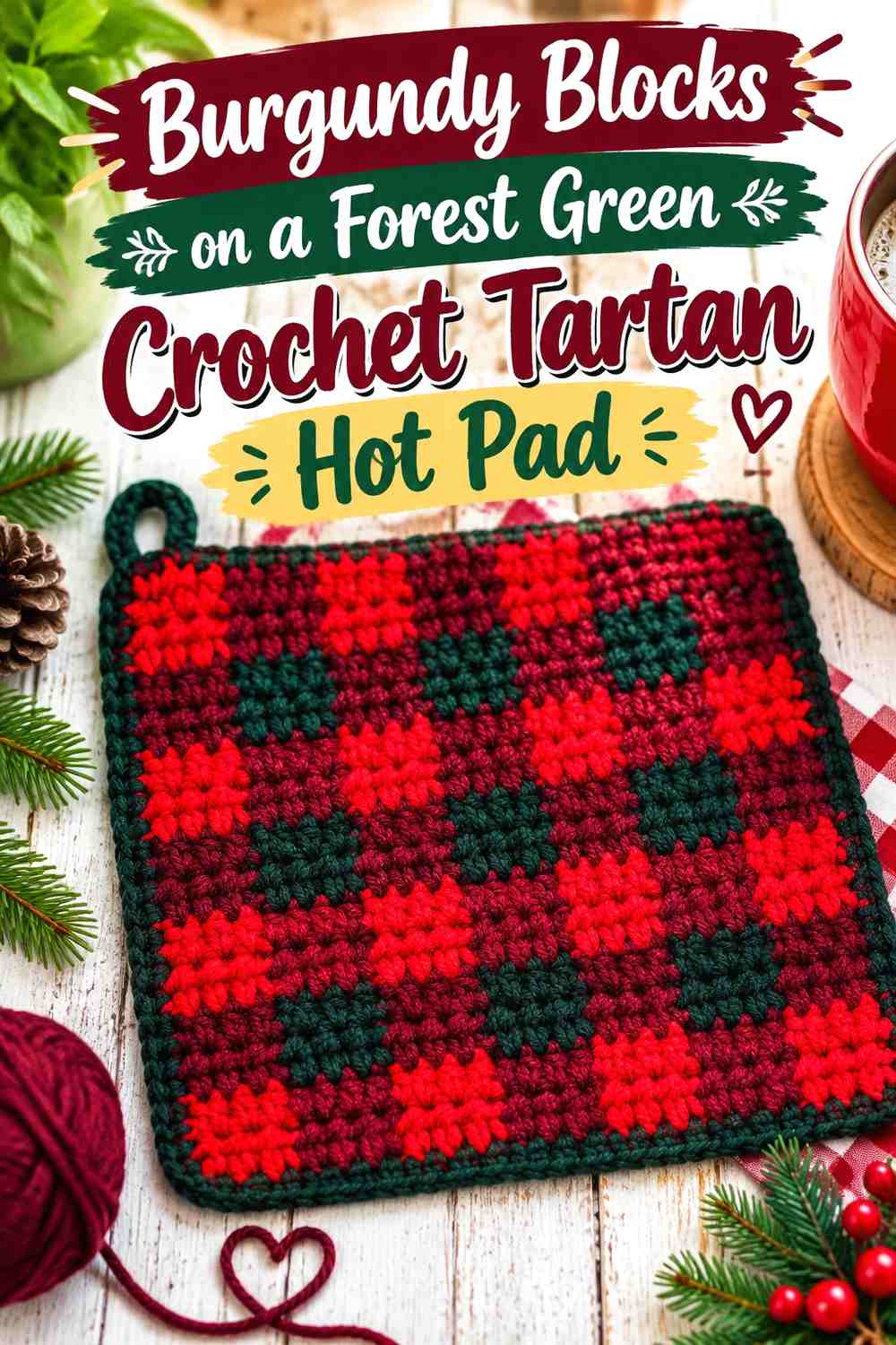Burgundy Blocks on a Forest Green Crochet Tartan Hot Pad
