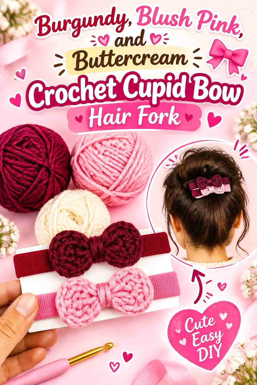 Burgundy, Blush Pink, and Buttercream Crochet Cupid Bow Hair Fork