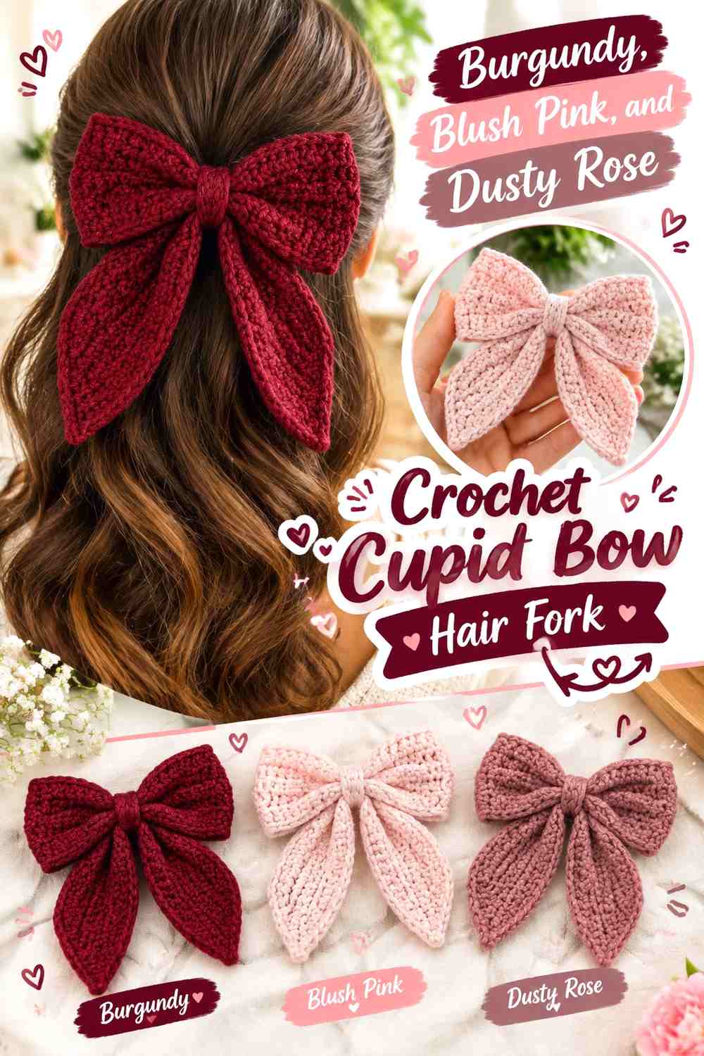 Burgundy, Blush Pink, and Dusty Rose Crochet Cupid Bow Hair Fork
