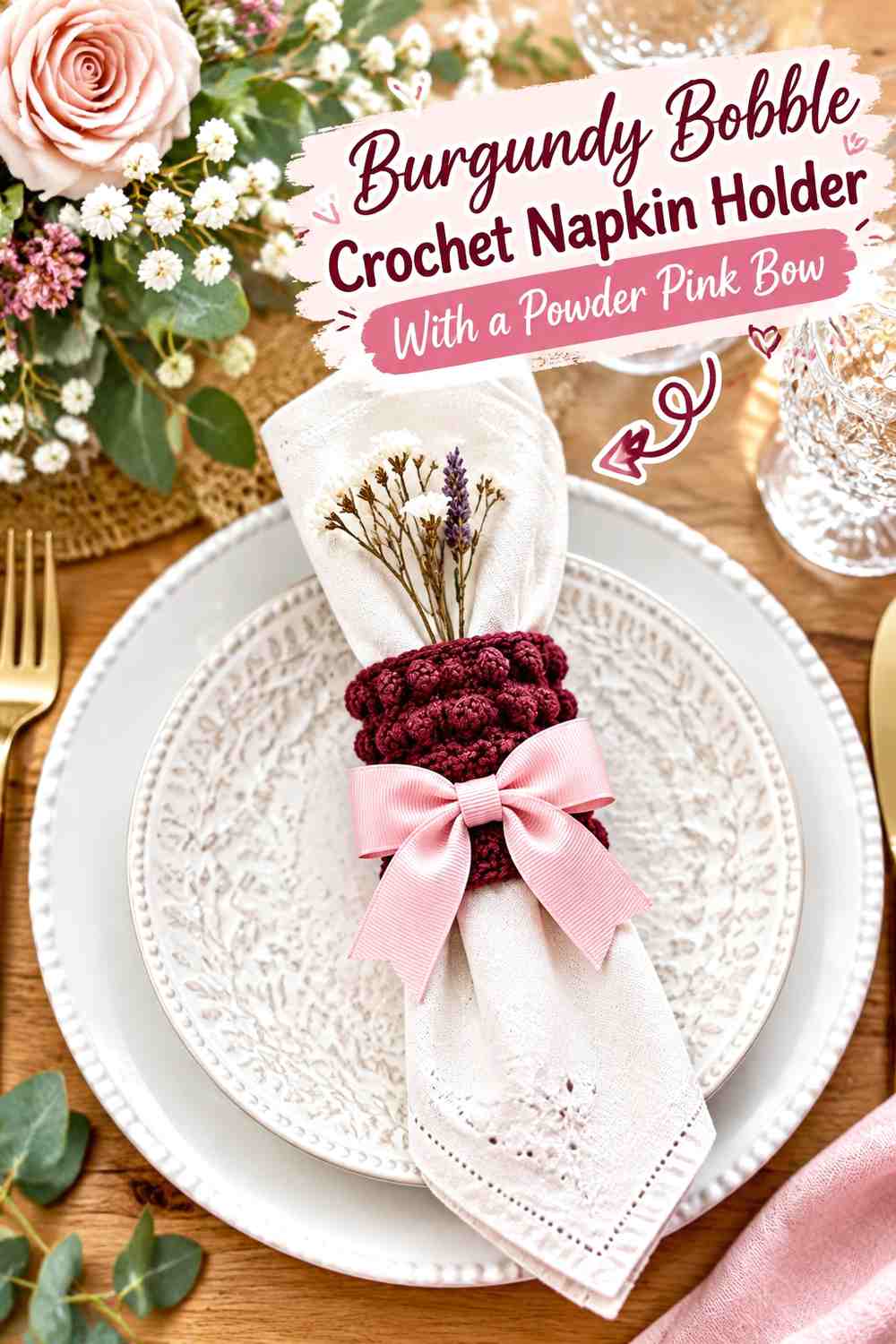 Burgundy Bobble Crochet Napkin Holder With a Powder Pink Bow
