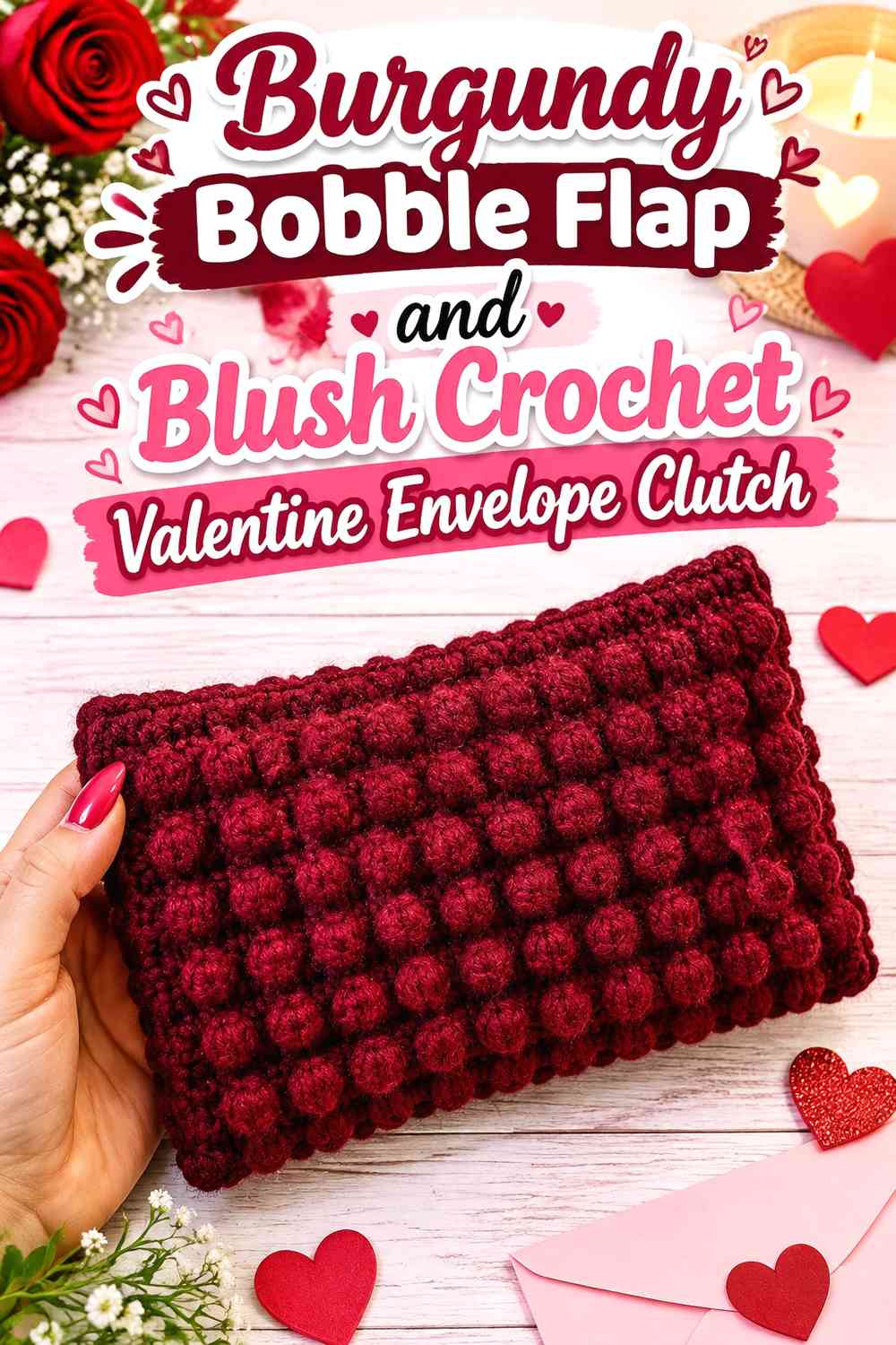 Burgundy Bobble Flap and Blush Crochet Valentine Envelope Clutch