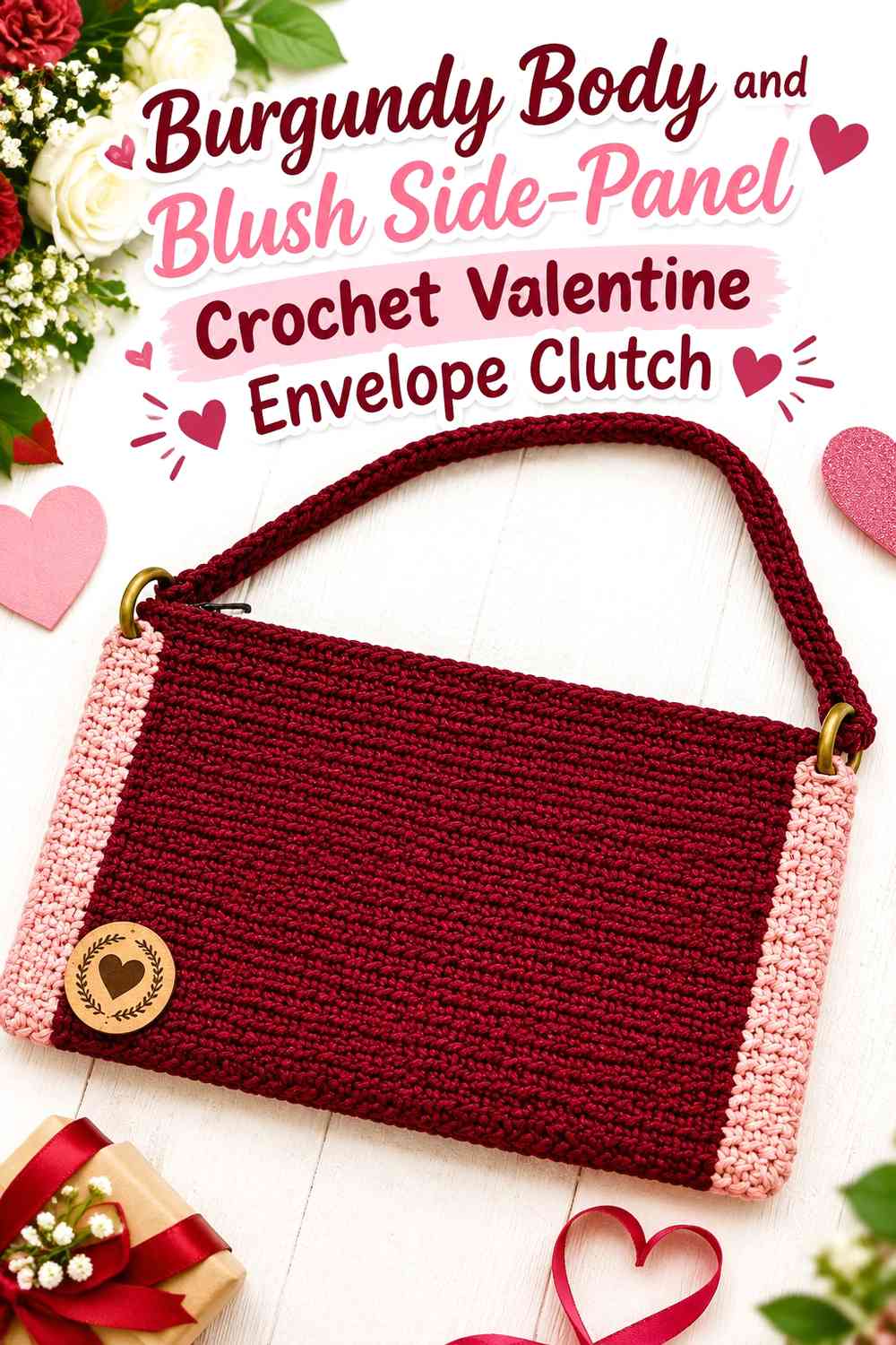Burgundy Body and Blush Side-Panel Crochet Valentine Envelope Clutch