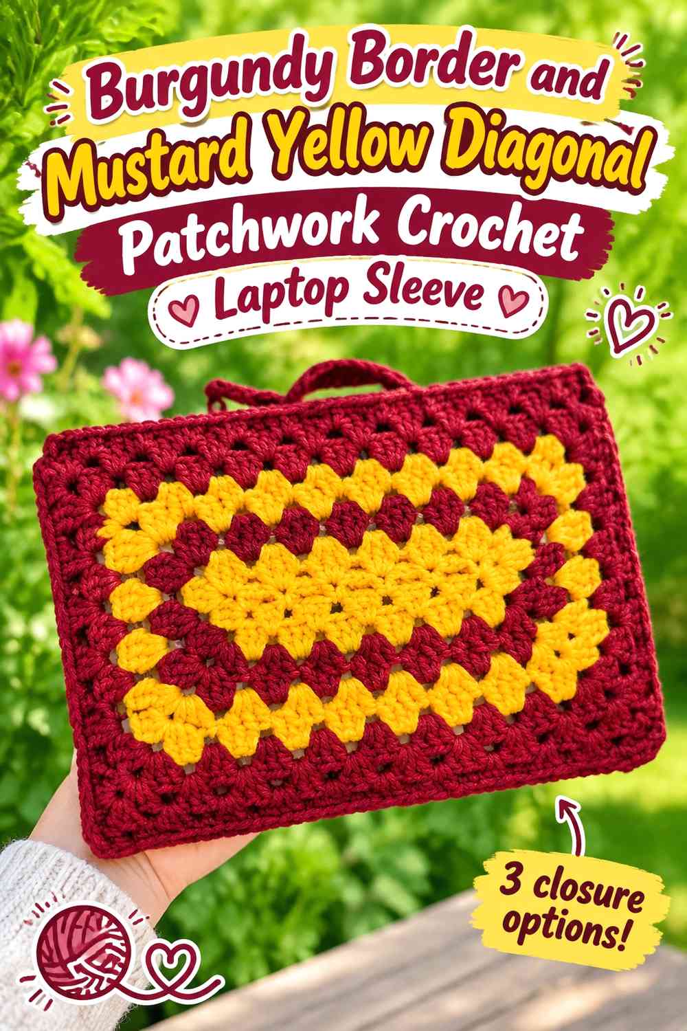 Burgundy Border and Mustard Yellow Diagonal Patchwork Crochet Laptop Sleeve