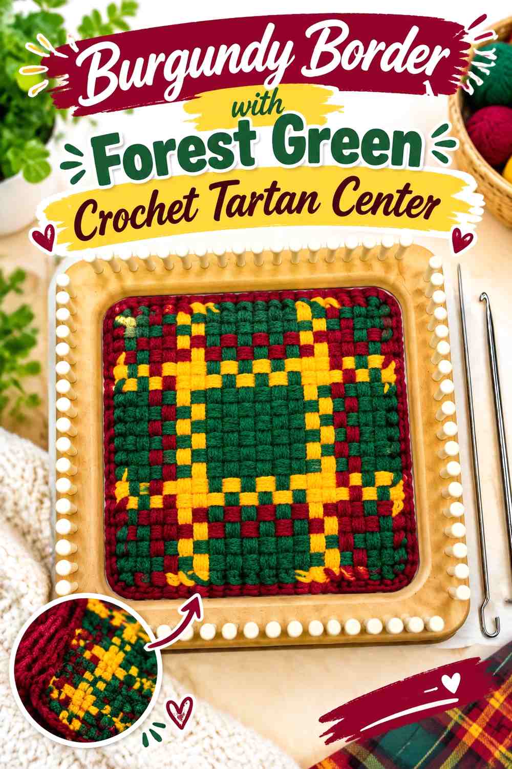Burgundy Border with Forest Green Crochet Tartan Center