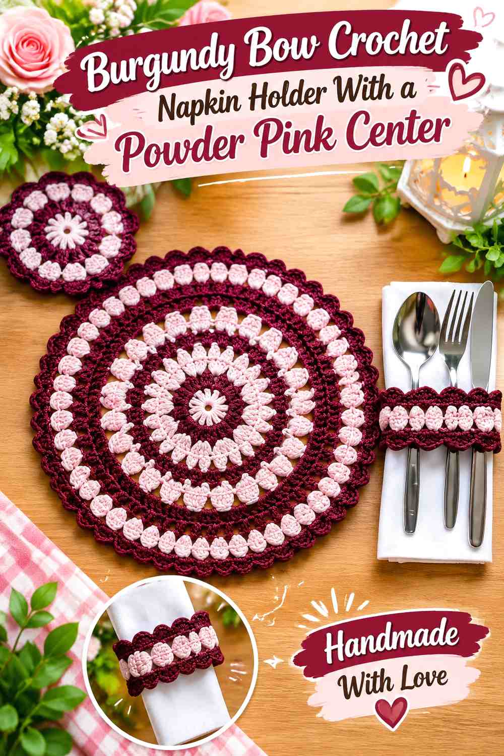 Burgundy Bow Crochet Napkin Holder With a Powder Pink Center