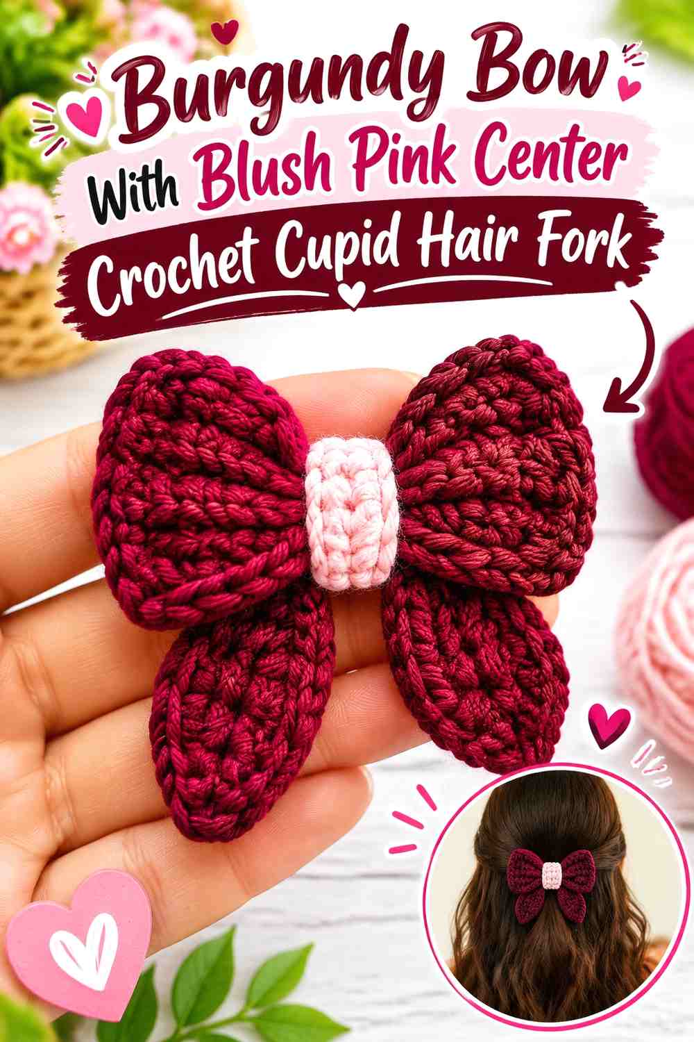 Burgundy Bow With Blush Pink Center Crochet Cupid Hair Fork