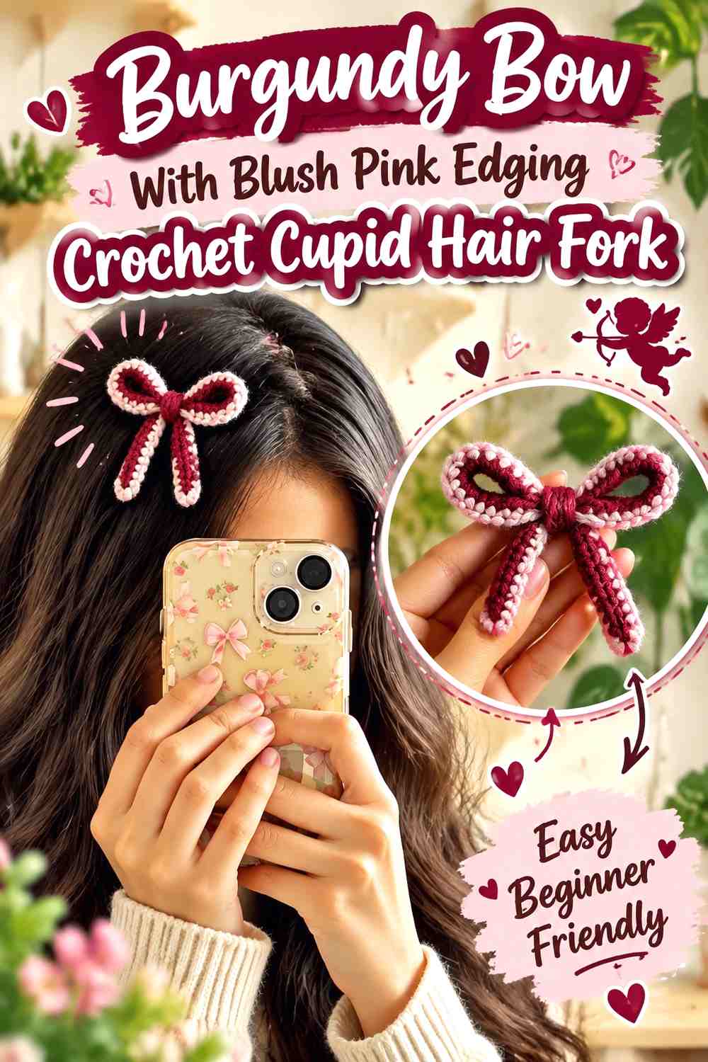 Burgundy Bow With Blush Pink Edging Crochet Cupid Hair Fork
