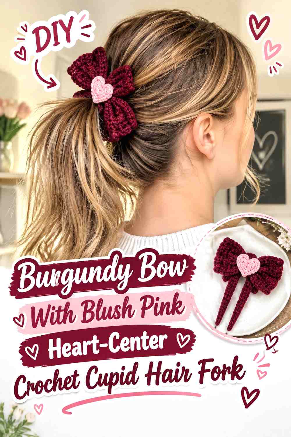 Burgundy Bow With Blush Pink Heart-Center Crochet Cupid Hair Fork