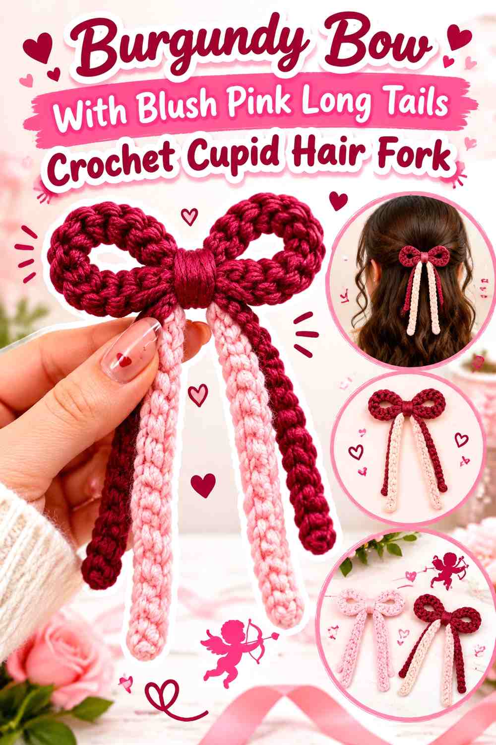 Burgundy Bow With Blush Pink Long Tails Crochet Cupid Hair Fork