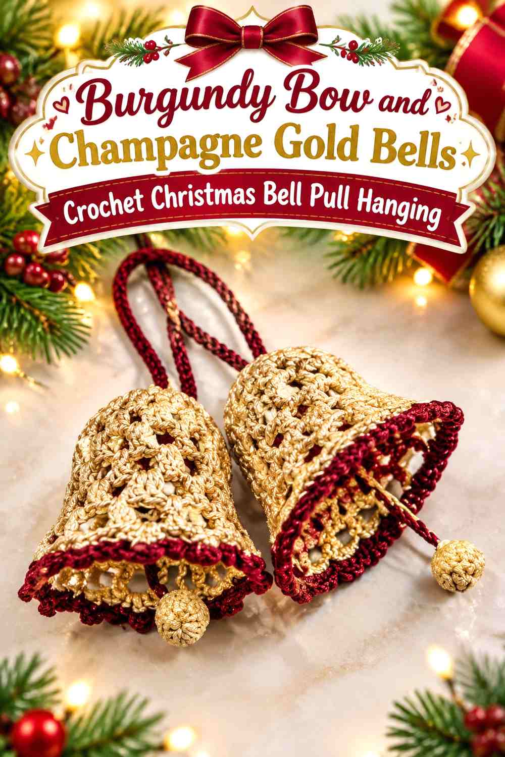 Burgundy Bow and Champagne Gold Bells Crochet Christmas Bell Pull Hanging