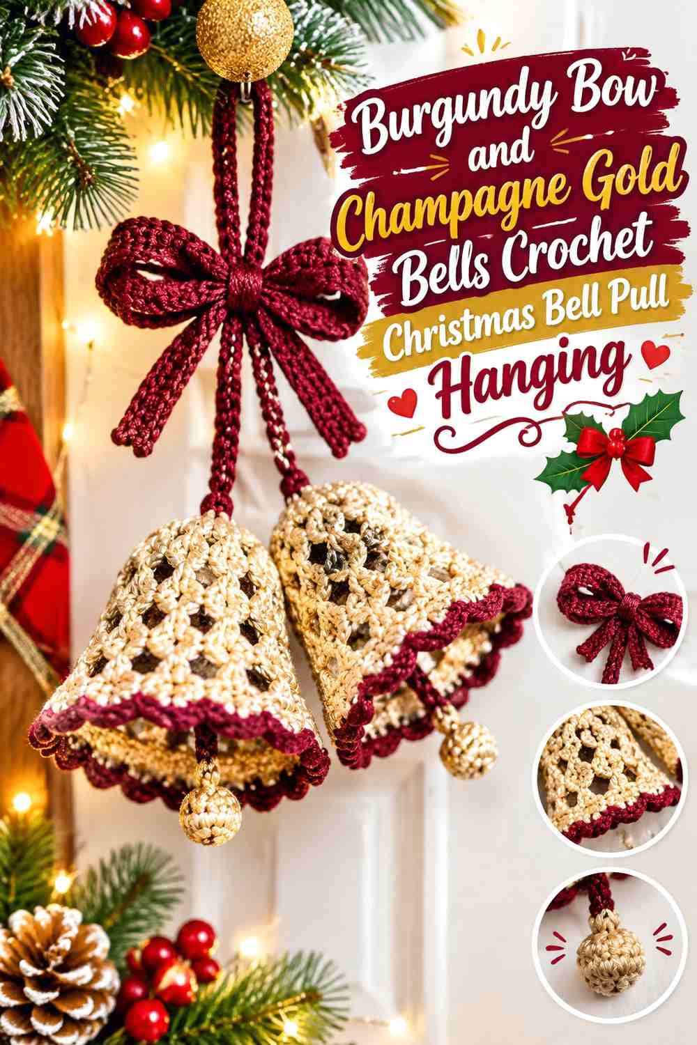 Burgundy Bow and Champagne Gold Bells Crochet Christmas Bell Pull Hanging