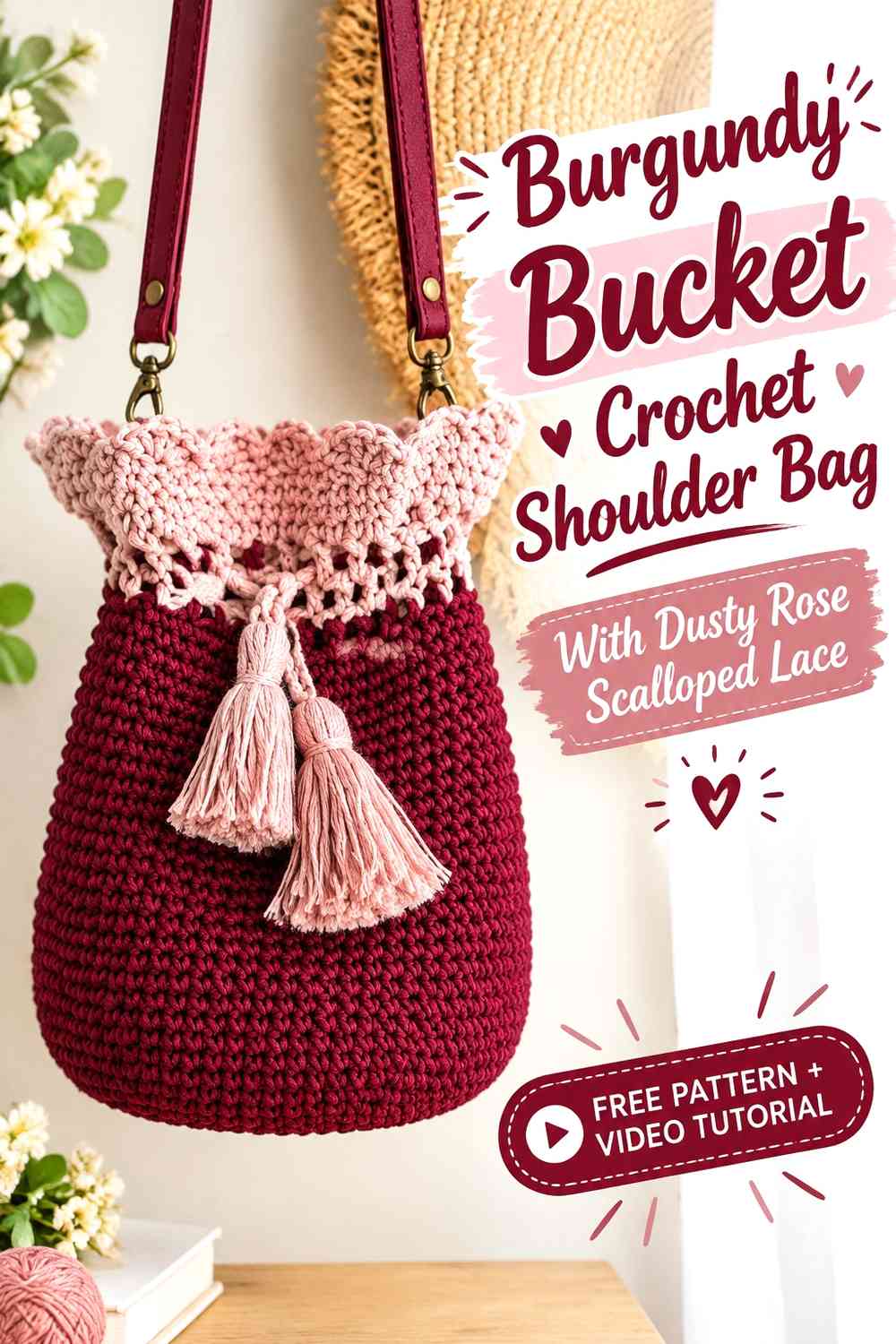Burgundy Bucket Crochet Shoulder Bag With Dusty Rose Scalloped Lace