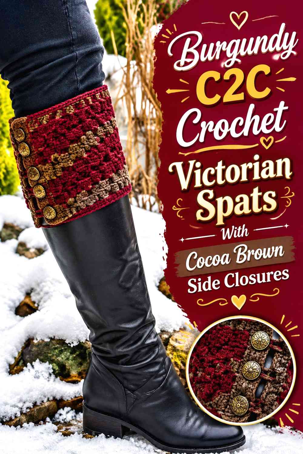 Burgundy C2C Crochet Victorian Spats With Cocoa Brown Side Closures