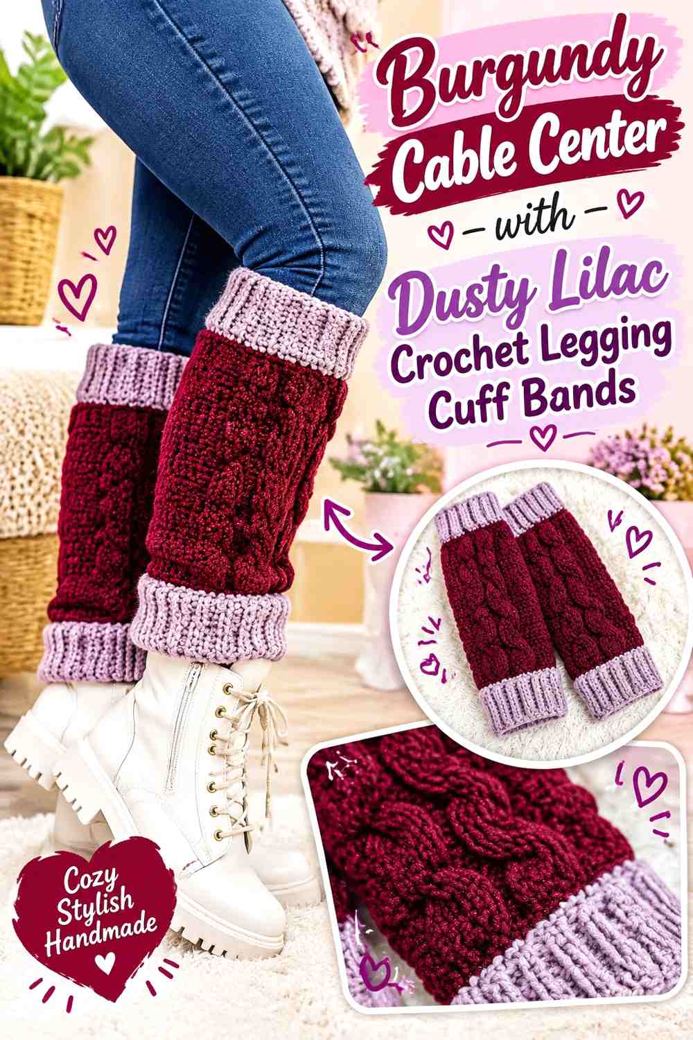 Burgundy Cable Center with Dusty Lilac Crochet Legging Cuff Bands