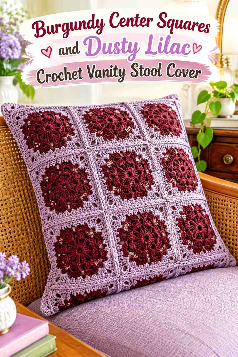 Burgundy Center Squares and Dusty Lilac Crochet Vanity Stool Cover