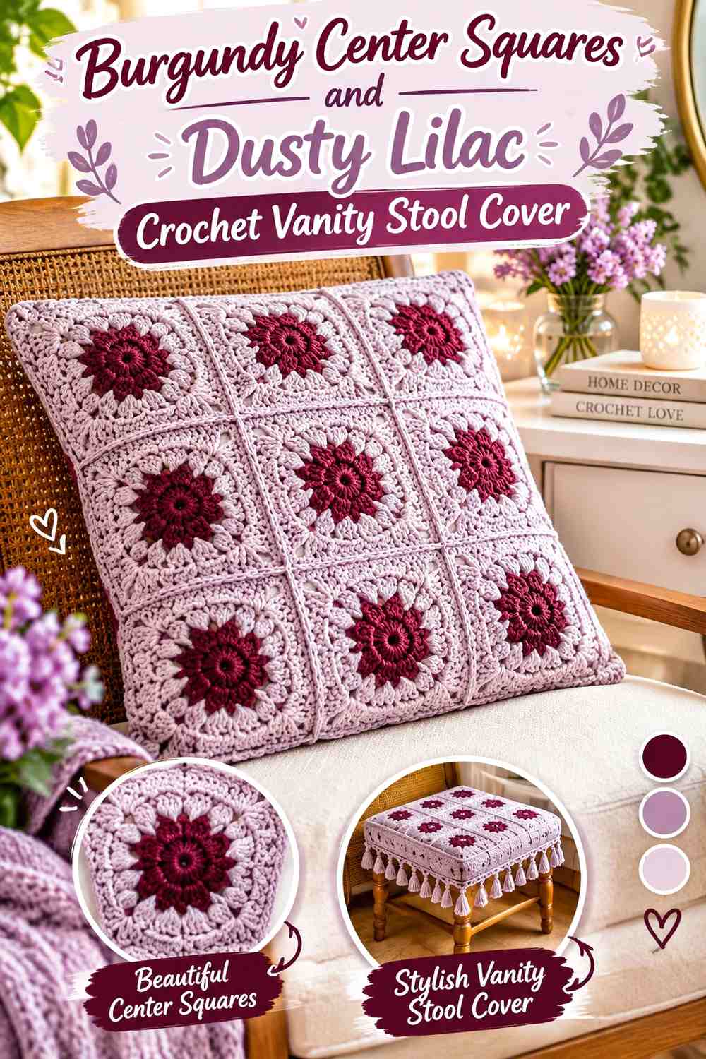 Burgundy Center Squares and Dusty Lilac Crochet Vanity Stool Cover