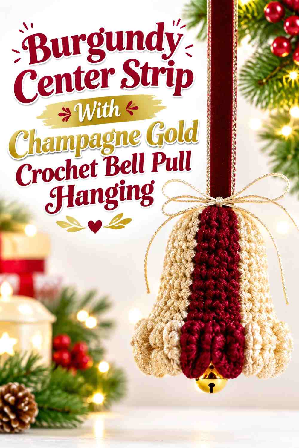 Burgundy Center Strip With Champagne Gold Crochet Bell Pull Hanging