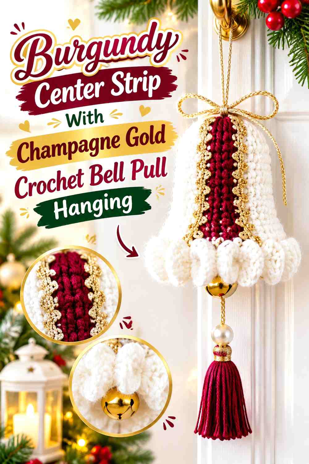 Burgundy Center Strip With Champagne Gold Crochet Bell Pull Hanging