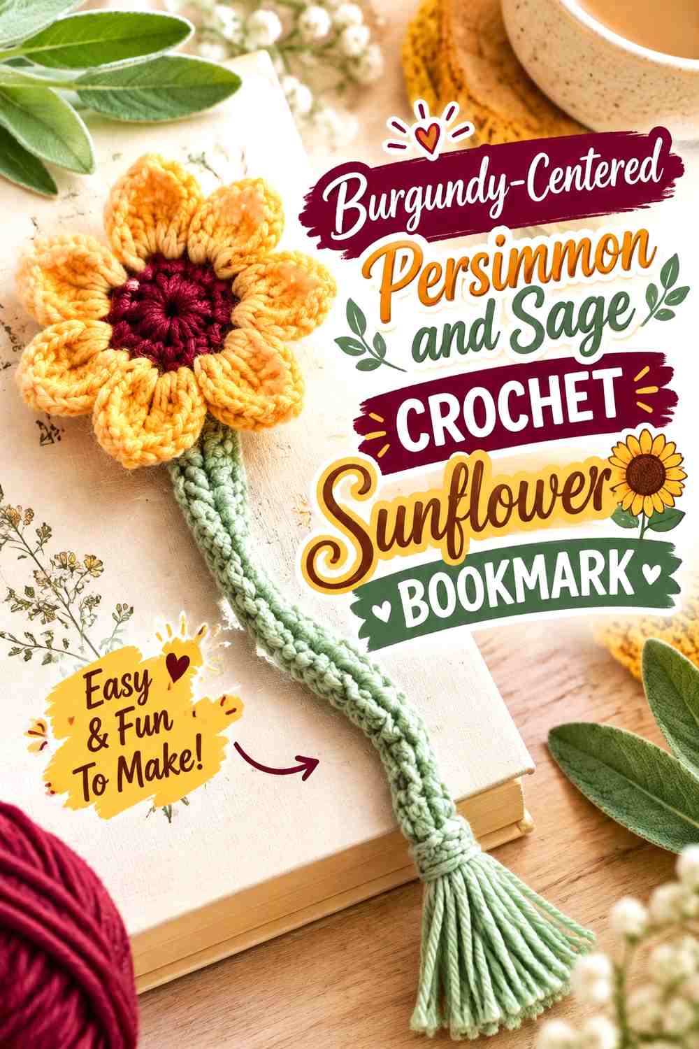 Burgundy-Centered Persimmon and Sage Crochet Sunflower Bookmark