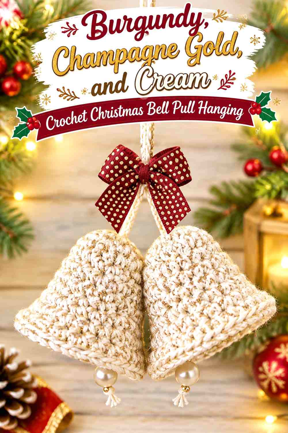 Burgundy, Champagne Gold, and Cream Crochet Christmas Bell Pull Hanging