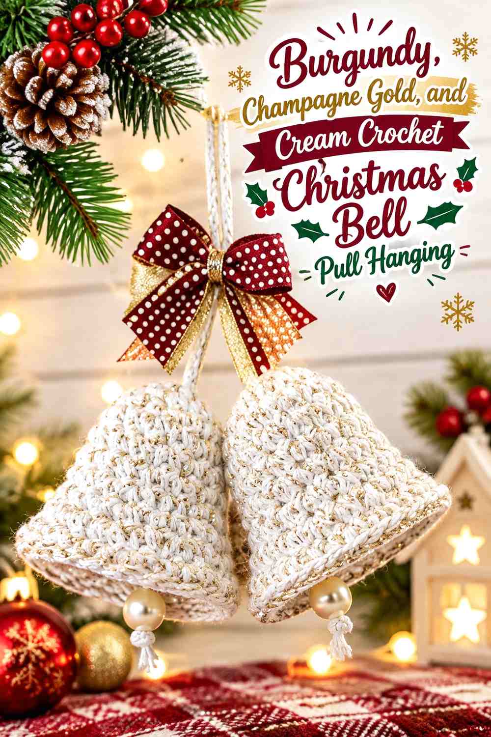 Burgundy, Champagne Gold, and Cream Crochet Christmas Bell Pull Hanging
