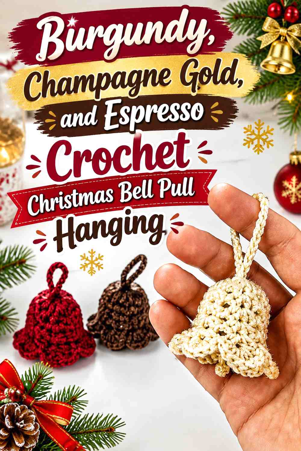 Burgundy, Champagne Gold, and Espresso Crochet Christmas Bell Pull Hanging