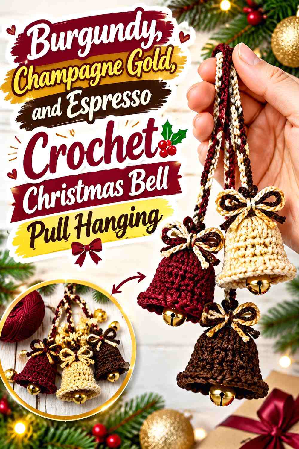 Burgundy, Champagne Gold, and Espresso Crochet Christmas Bell Pull Hanging